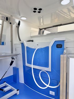 Beautiful RAL 5012 Hydro Spa fitted in a Wet Pets custom van conversion with side bath storage